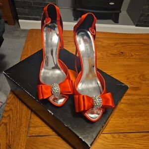 Karen Millen Red Satin Slingback Heels with Crystal Bow